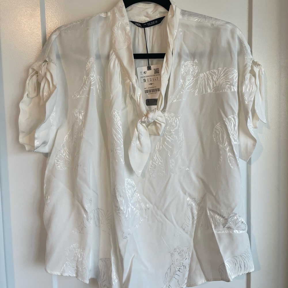 Zara White satin blouse top small tiger print